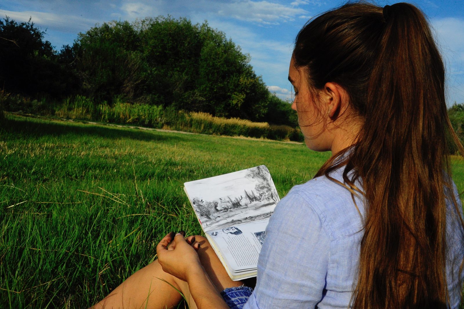 Drawing outdoors in a field
